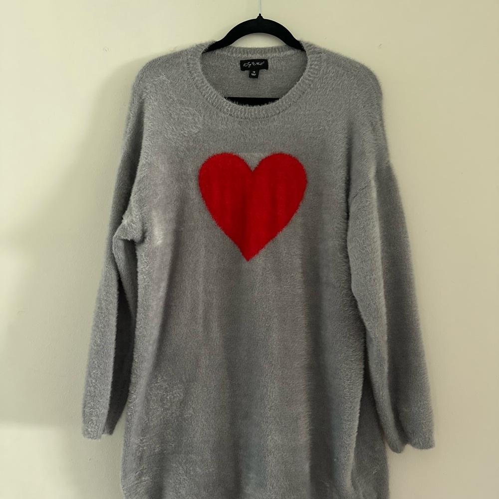 Cozy Gray and Red Heart Crew Neck Sweater